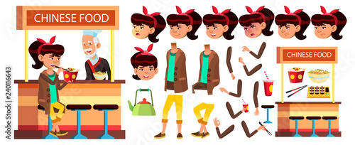 Asian Girl Kid Vector. High School Child. Animation Creation Set. Face Emotions, Gestures. Chinese Food Caffe. For Presentation, Print, Invitation Design. Animated. Isolated Cartoon Illustration