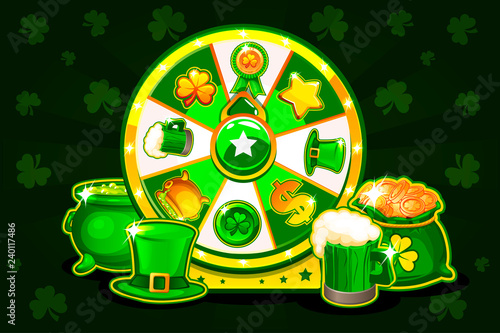 Cartoon Patrick s lucky roulette, spinning fortune wheel. Holiday icons and symbols, vector illustration. Game assets