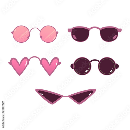 Vector heart shape, circle sunglasses set. Photo booth prop, selfie photo decoration symbol. Retro scrapbooking acessory icon. Summer fancy retro glasses, isolated illustration