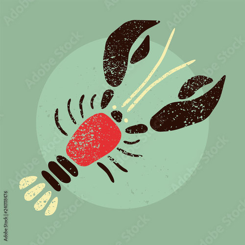 Cartoon crayfish in applique style. Typographical vintage grunge vector illustration.