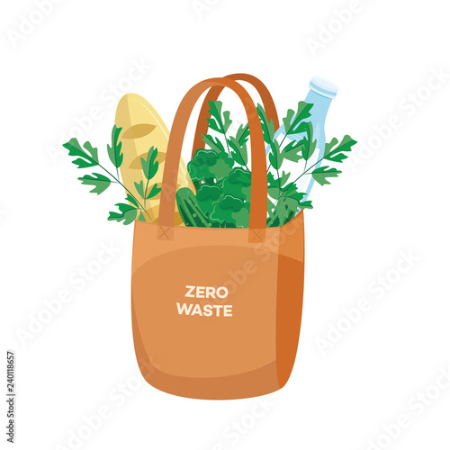 Vector illustration of cloth shopping bag full of products for reuse and zero waste concept in flat style isolated on white background - textile eco friendly package with food.