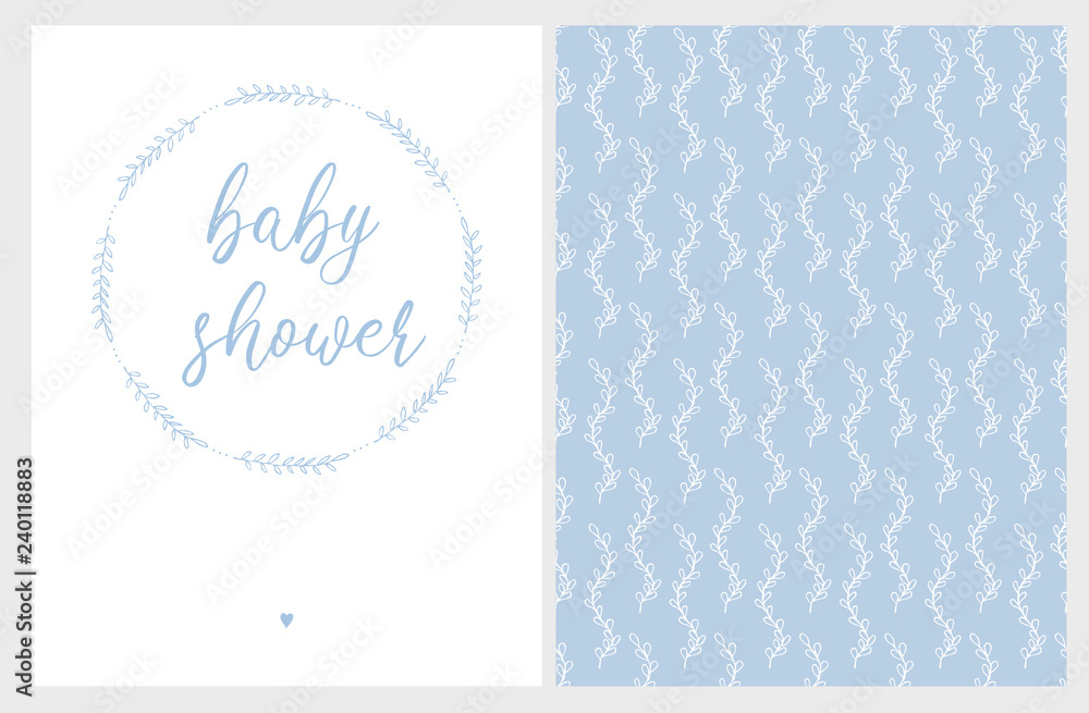 Cute Baby Shower Vector Card and Floral Pattern. Simple Blue Floral Wreath with Little Heart Below and Baby Shower Text Inside. White and Blue Backgrounds. White Floral Ornament on Blue.