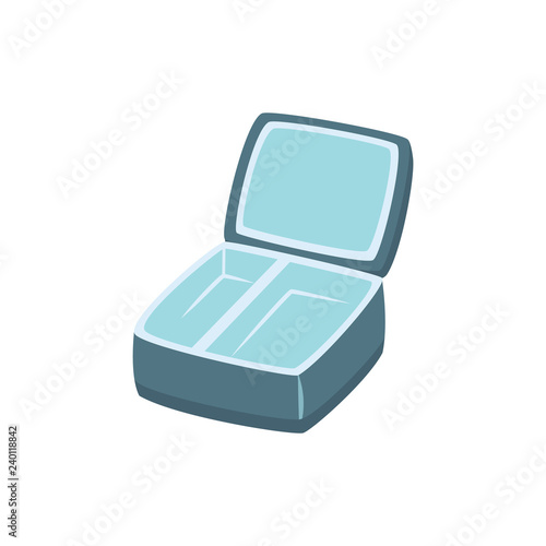Open empty plastic lunch box with dividers for food storage in flat style isolated on white background - vector illustration of zero waste reusable package for takeaway dinner.