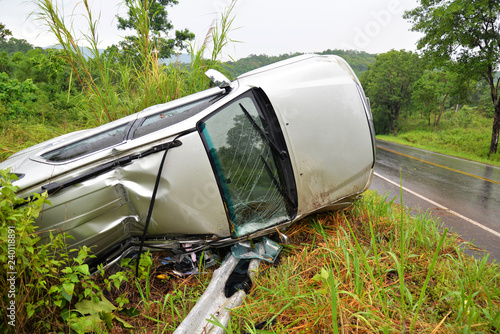 insurance car accident scene / the van car accident on the road with - car overturned on the street