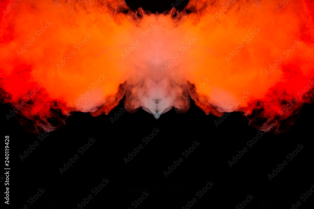 Flaming fire of smoke, rising upwards like a column, repeating the movement of red and orange air, curling and frosting into abstract shapes and patterns on a white background.