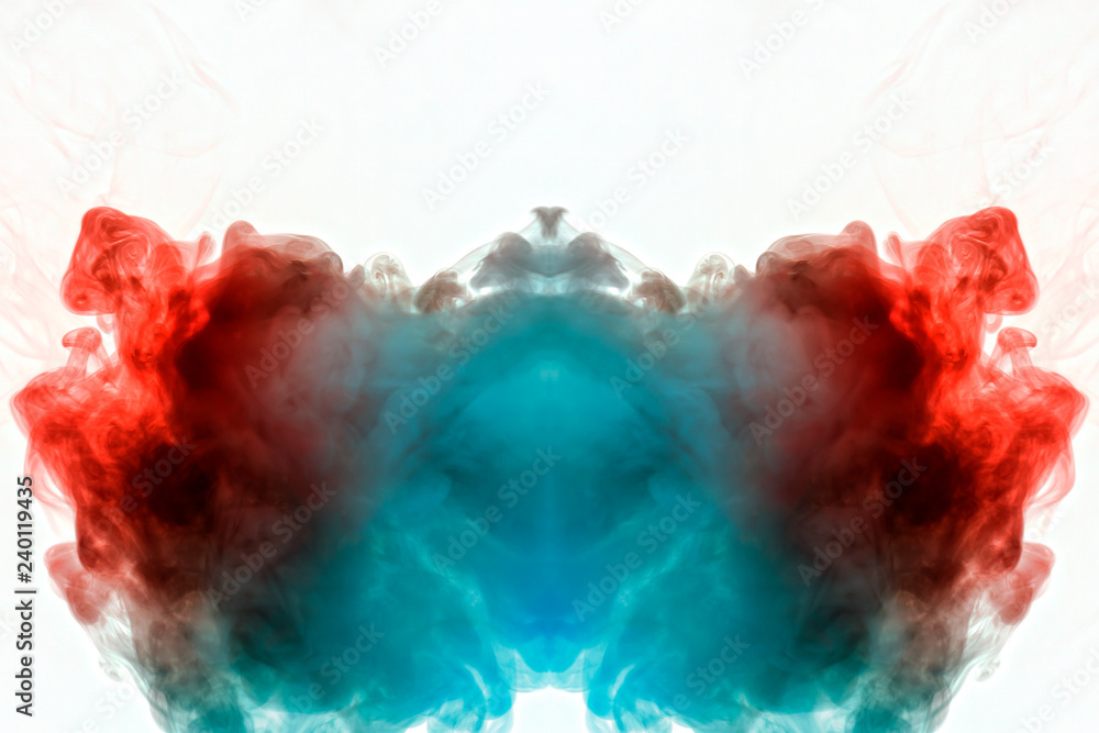 Soaring translucent smoke, intertwined in the image of the head, red, orange and blue, with black lines, curling and sinking into mystical shapes and silhouettes on a white background.