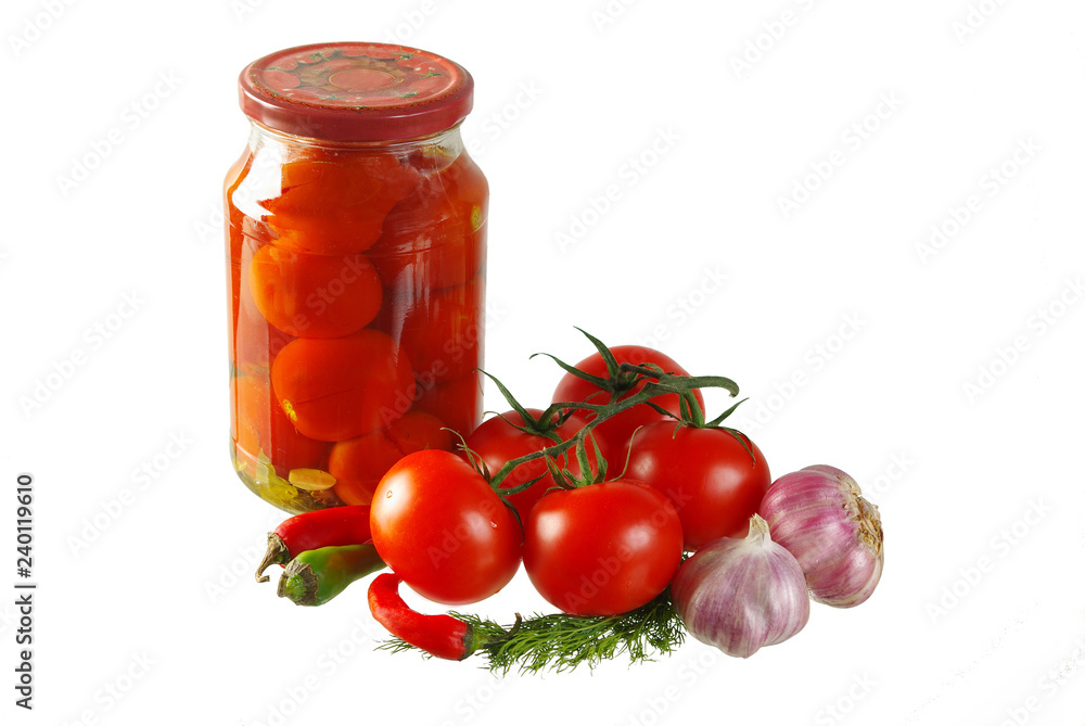 Jar of canned tomatoes and tomatoes on white background Jar of canned tomatoes and tomatoes on white background
