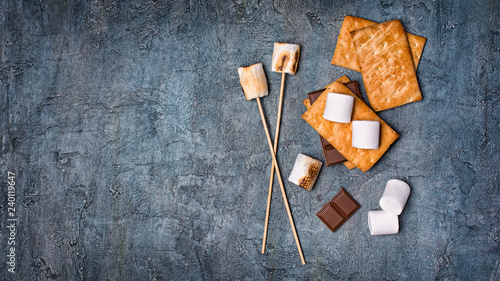 Quadro su tela Top view on roasted marshmallow, crackers and chocolate as ingredients for s'mor