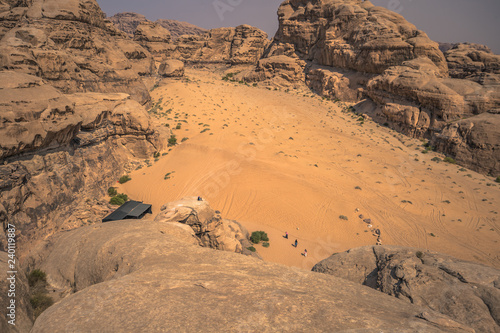 Wadi Rum - October 02, 2018: Panoramic view of the landscape of the Wadi Rum desert, Jordan