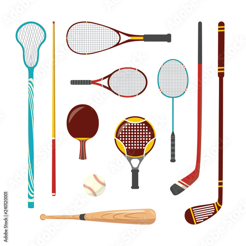 Vector sport racquets and equipment set. Hockey, squash sticks, tennis badmintons rackets, baseball bat, ball and pool snooker cue. Isolated illustration