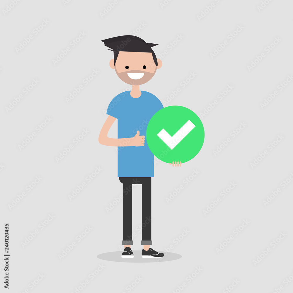 Young male character holding a green accepted sign. Flat cartoon illustration