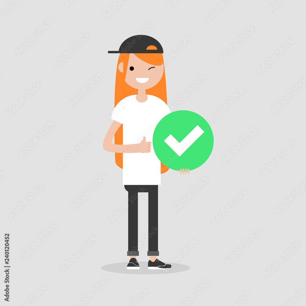 Young female character holding a green accepted sign. Flat cartoon illustration Young female character holding a green accepted sign. Flat cartoon illustration