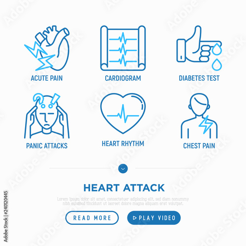 Heart attack symptoms thin line icons set: acute pain, cardiogram, diabetes test, panic attack, heart rhythm, chest pain. Modern vector illustration.