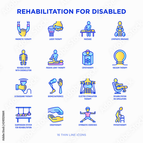 Rehabilitation for disabled thin line icons set: magnetic therapy, laser, massage, lymphatic drainage, exoskeleton, cryotherapy, physiotherapy, biomechatronics, ergotherapy. Modern vector illustration