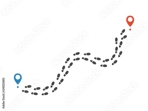 Route of human shoe track monochrome silhouette vector illustration. Tracking from black shape of sole print with destination pins isolated on white background - pathway of human boot trace.