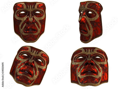 Red iron mask with ornament and gold bevels on an isolated white background. 3d illustration