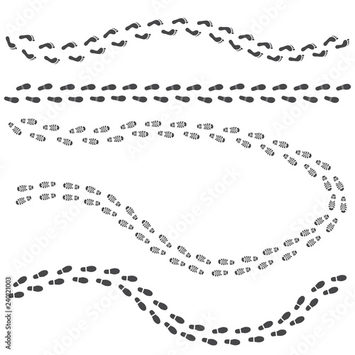 Vector illustration set of different black human footprint routes isolated on white background - trace of walking man with monochrome silhouette of shoe and barefoot tracks.