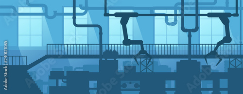 Industrial interior of factory, plant. Design scene silhouette industry enterprise. Vector illustration