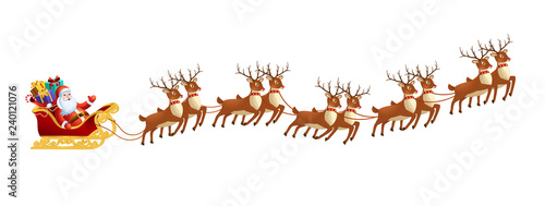 Santa claus in sleigh with reindeers on on white background. Merry christmas and Happy new year decoration.