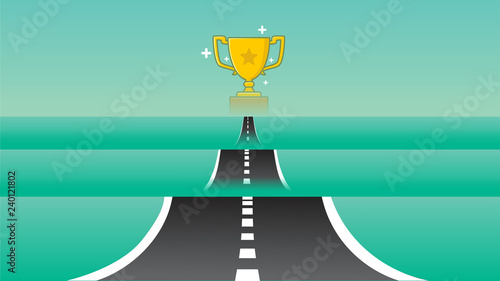 business concept journey road to success high way with  goal acieving cup medals in semi flat style