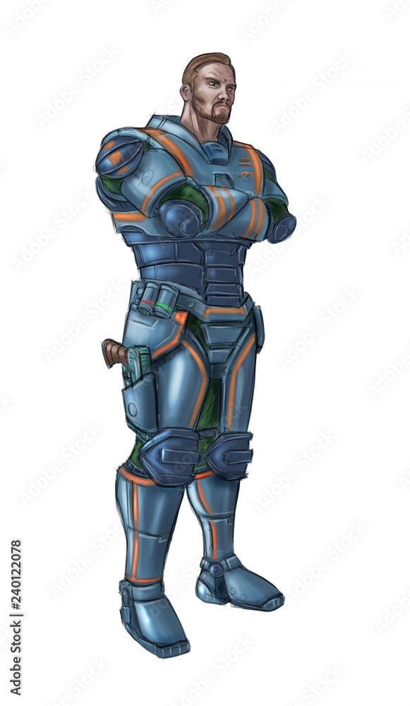 Concept art digital painting or illustration of science fiction futuristic military soldier character in armor and with pistol gun weapon. Concept art digital painting or illustration of science fiction futuristic military soldier character in armor and with pistol gun weapon.