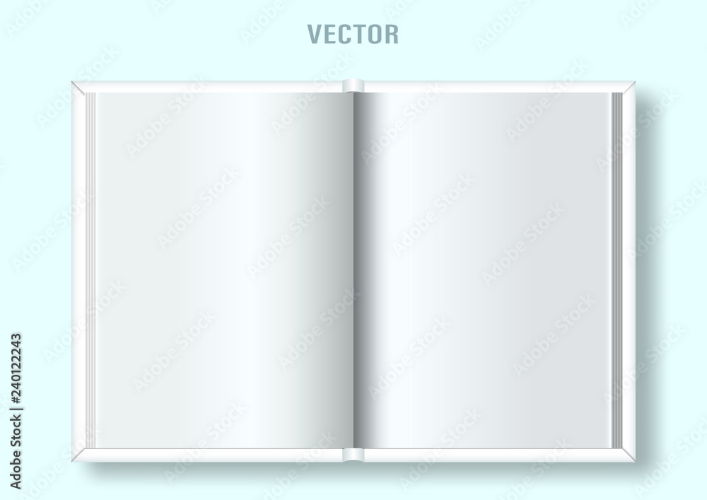 mockup of opened blank rectangular book at white background