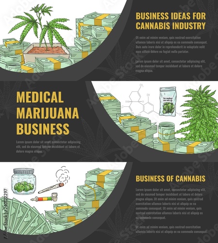 Vector illustration set of business idea for marijuana industry horizontal banners with hand drawn cannabis plant and leaf - concept of legalization and medical use of sativa.
