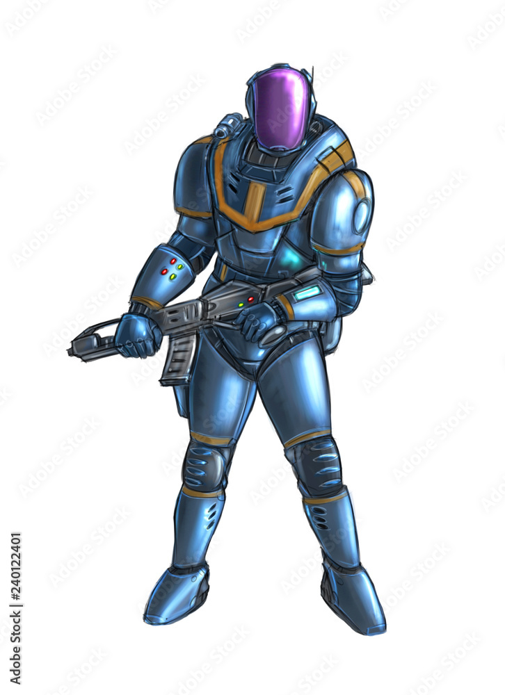 Concept art digital painting or illustration of science fiction futuristic military soldier character in armor or spacesuit holding rifle weapon.