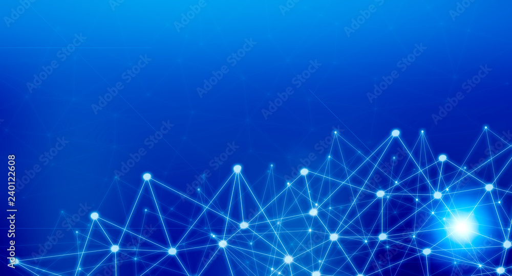 Abstract connection and communication with line dots on blue background. Communication and network concept.