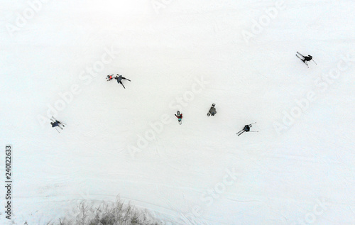 Skiing. Aerial. People skiing top view.
