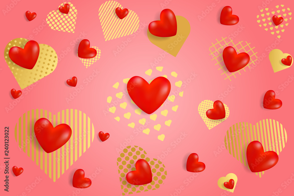 Fototapeta Valentine's Day background. Red and gold paper hearts