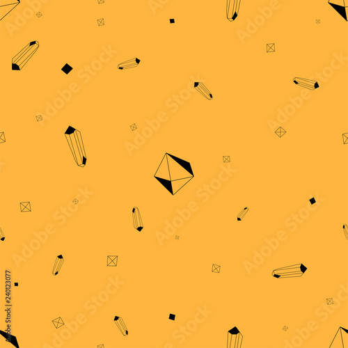 Crystals pattern Vector illustration Seamless pattern with small black outline crystals, minerals and gem stones on yellow background