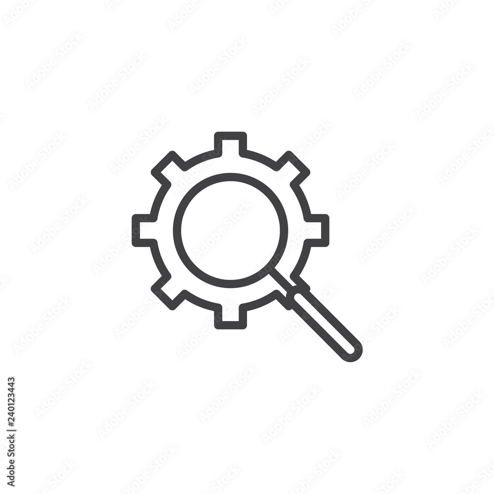 Settings search outline icon. linear style sign for mobile concept and web design. Magnifying glass gear simple line vector icon. Symbol, logo illustration. Pixel perfect vector graphics Settings search outline icon. linear style sign for mobile concept and web design. Magnifying glass gear simple line vector icon. Symbol, logo illustration. Pixel perfect vector graphics