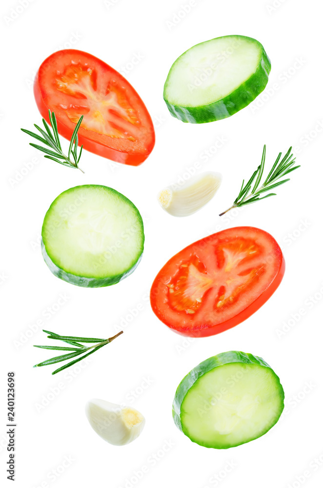 Flying Cucumber slices with tomato slices Flying Cucumber slices with tomato slices