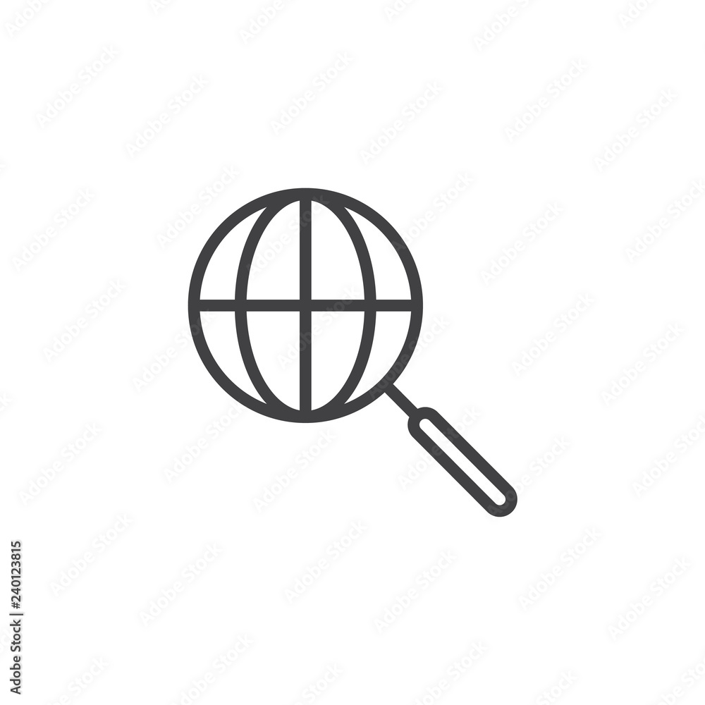 Global search outline icon. linear style sign for mobile concept and web design. Magnifier glass globe simple line vector icon. Symbol, logo illustration. Pixel perfect vector graphics Global search outline icon. linear style sign for mobile concept and web design. Magnifier glass globe simple line vector icon. Symbol, logo illustration. Pixel perfect vector graphics