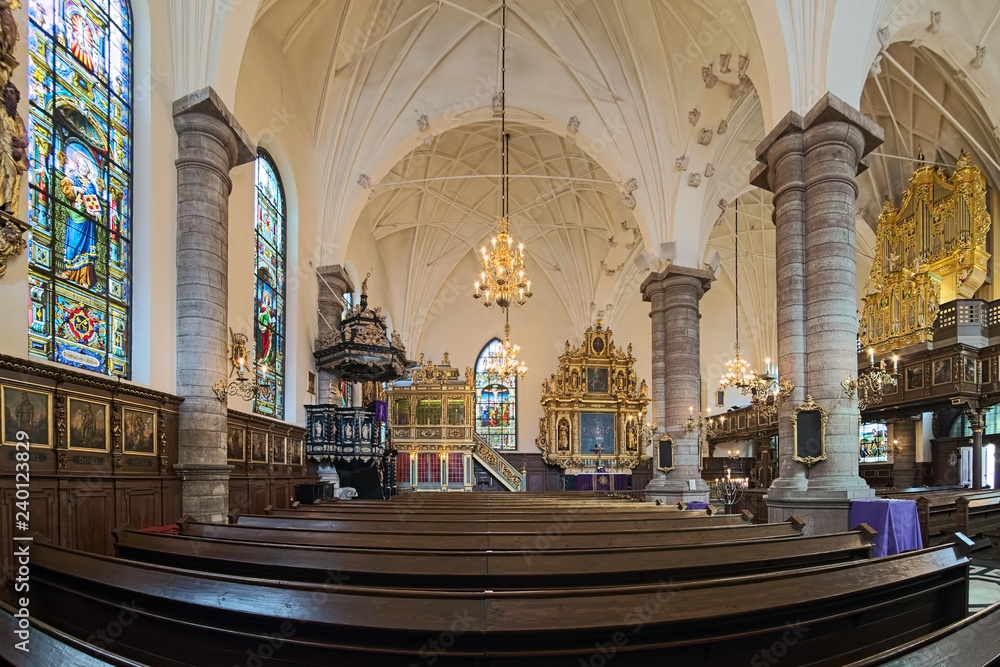 Interior of German Church (Tyska kyrkan) also called St. Gertrude's Church in Stockholm, Sweden. The present church was built in 1638-1642 by architect Hans Jacob Kristler from Strasbourg.