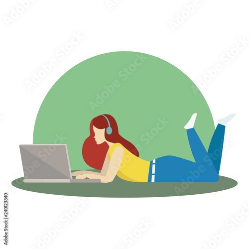 Illustration relaxing girl, lying and working on laptop © Alla