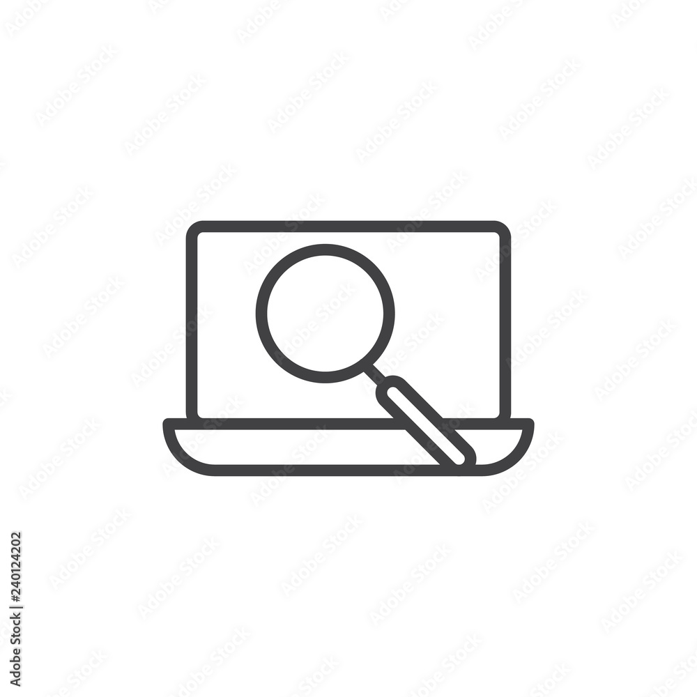 Laptop monitoring screen outline icon. linear style sign for mobile concept and web design. laptop search with magnifier simple line vector icon. Symbol, logo illustration. Pixel perfect vector Laptop monitoring screen outline icon. linear style sign for mobile concept and web design. laptop search with magnifier simple line vector icon. Symbol, logo illustration. Pixel perfect vector