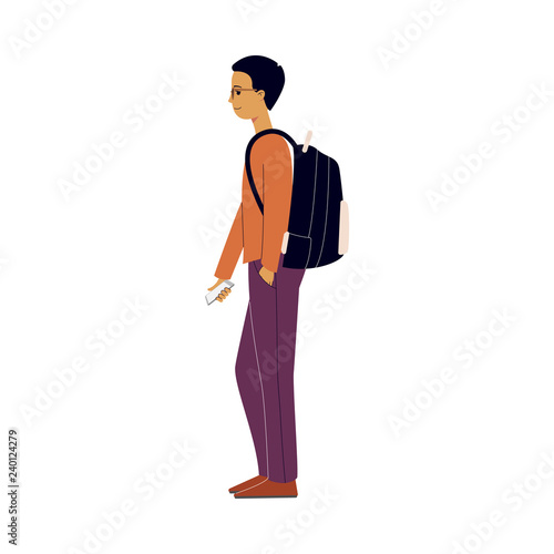 Young man in gasses, with travel bagpack holding smartphone smiling. Happy male character, traveller, tourist going to vacation. Vector illustration
