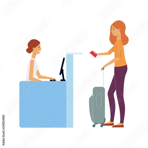 Young woman in summer clothing with silver travel suitcase, plastic bag giving airplane tickets to a girl at check-in. Happy female character, traveller, tourist going to vacation. Vector illustration