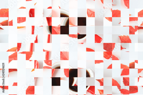 Abstract white and red geometric pattern of red cup with coffee and leaves