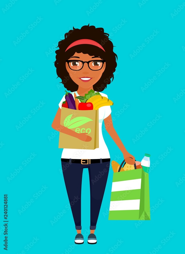 Young African-American woman standing with packages of food. Environmentally friendly product. Shopping at the supermarket. In flat style on blue background. Cartoon. Young African-American woman standing with packages of food. Environmentally friendly product. Shopping at the supermarket. In flat style on blue background. Cartoon.