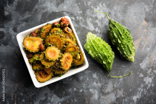 Delicious bitter melon curry, a healthy food from India. selective focus