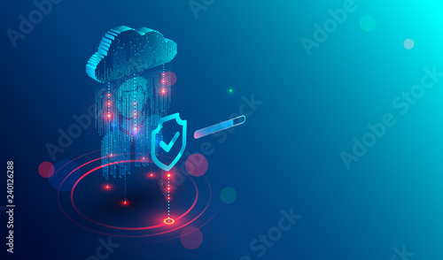 Secure privacy data in internet. Symbol of shield protections of icon man, which consists digit code. The protection of personal data in cloud storage. Cyber security tech concept.