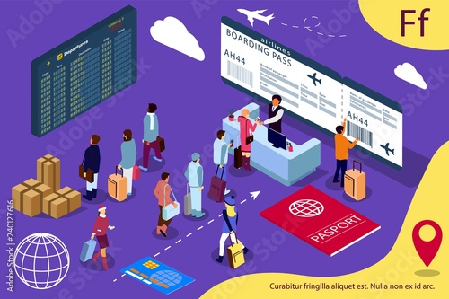 Airport isometric illustration of reception and passport check desk waiting hall control departure lounge with chairs and information panels.