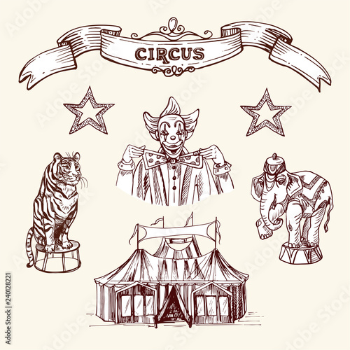 Circus illustration with tent, clown and circus animals. Vector illustration in sketch and vintage style.