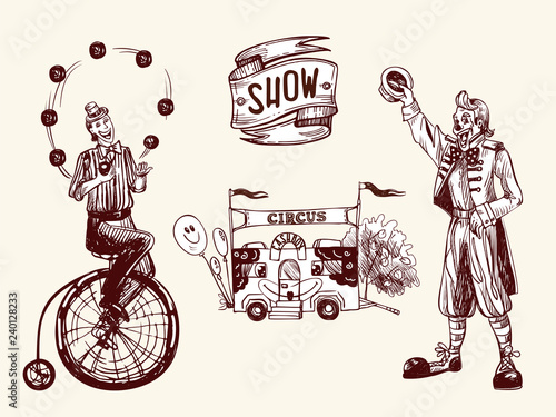 Circus illustration with juggler, funny clown and cashbox with balloons. Vector illustration in sketch and vintage style.