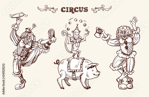 Circus illustration with clowns, a juggling monkey and a pig. Vector illustration in sketch and vintage style.