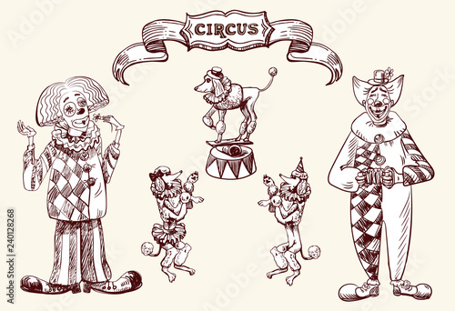 Circus illustration with clowns and circus dogs. Vector illustration in sketch and vintage style.