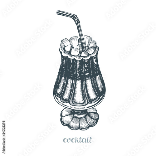 Cocktail glass with a tube. Drink with marshmallow. Isolated illustration on white background. Vector illustration in sketch style.